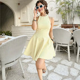 Versatile Halter Neck Backless Short Dress 2025 New A-line Zipper Solid Color Yellow Party Dress Fashion Vestidos Woman Clothing voguable