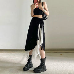 Voguable High Street Fashion Contrast Color Irregular Mesh A-Line Skirt Women 2023 Autumn New Korean Chic Lace Up Casual Mid-Length Skirt voguable