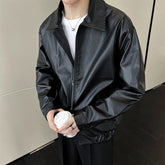 New Autumn Men's Casual Textured PU Leather Jacket High Street Zip-up Turn-down Collar Solid Color Long Sleeve Retro Coats M-3XL voguable