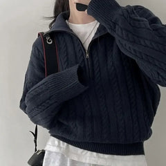 Voguable Korean Fashion Half Zipper Sweaters Women Vintage Twisted Knitted Crop Pullover Casual Sueter Mujer Long Sleeve Tops voguable