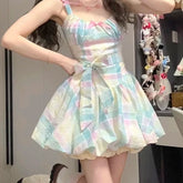 Voguable Colorful Plaid Bow Mini Dress Women Summer Beach Sweet Cute Korean Dress Sleeveless Camisole Casual Kawaii Fashion Female Dress voguable
