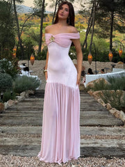 Off-shoulder Backless Sexy Maxi Dress Women Metal Flower Pink Patchwork Sleeveless Ruched Pleated Club Party Dress 2025 voguable