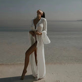 Voguable Ruffles Beach Cover Up Dress Women V Neck Long Sleeve Sexy Sun Protection Dress Vacation Fashion New Split Lace Up Long Dress voguable