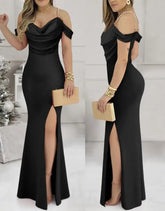 Voguable Summer New Cold Shoulder Pearl Belt Round Neck Evening Dress Elegant High Waist Fish Tail Long Dress voguable