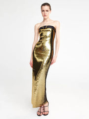 Guest Wedding Party Dress Women Strapless With Black Belt Luxury Gold Sequins Slip Ankle Length Long Dress voguable