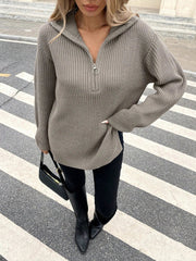 High Collar Zipper Long Pullover Knitted Sweater Autumn Winter Fashion Warm Cozy Knitwear for Women voguable