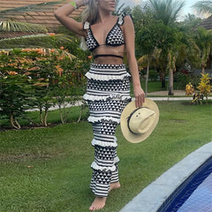 Vacation 2 Piece Set Women Striped Geometric Sleeveless Knitted Tank Top Bra and Layered Ruffles Long Skirt Beachwear voguable