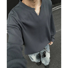 Long Sleeved T-shirt Men Fashion White Casual V-neck T Shirt Men Streetwear Korean Loose Pleated T Shirt Mens Top Plus Size 5XL voguable