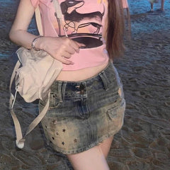 Vintage Y2k Denim Skirt Women Sexy Harajuku Star Streetwear Mini Skirts A-line Retro Fashion Slim Up Casual Jeans Skirt voguable