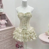 Sweet Harajuku Lolita Princess Skirt Suits Japanese Design Sense Women Bow Tank Tops Mini Cake Skirts Lace Hot Chick 2 Piece Set voguable