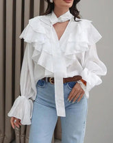 Voguable Women's Asymmetric Pleated V-neck Lace-Up Detail Casual Shirt Long-Sleeved Loose Top for Spring And Summer voguable
