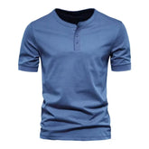 Summer Henley Collar T Shirt Men Casual Short Sleeve Solid Color Casual Mens Breathable Tops Tees Fashion Basic T-Shirt for Man voguable