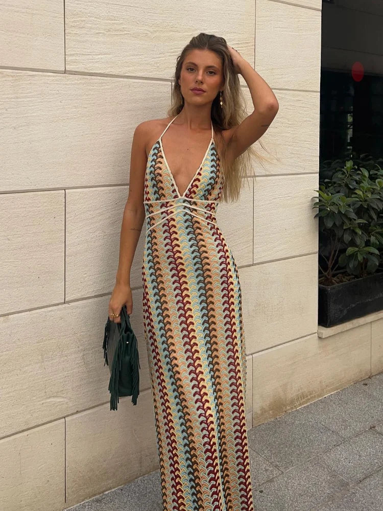 Sexy Contrast Striped Knit Halter Dress Women Fashion Loose Backless Maxi Dresses Summer Chic Female Beach Party Vestidos voguable