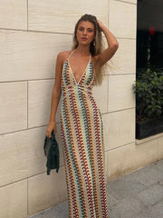 Sexy Contrast Striped Knit Halter Dress Women Fashion Loose Backless Maxi Dresses Summer Chic Female Beach Party Vestidos voguable
