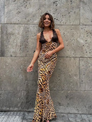 Sexy Lace Patchwork Women Leopard Print Maxi Dress Fashion Deep V-neck Sleeveless Backless Dresses Female High Street Slim Robes voguable