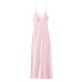 Voguable Sexy Satin Pink V Neck Women's Sling Dresses Chic Sleeveless Backless Slim Hem Midi Dress Summer Female Holiday Robes voguable