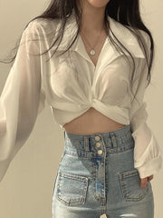 Voguable Harajuku Women Blouse Fashion Streetwear Sexy Ladies Blouse White Summer Sexy Bow Tie Crop Top Korean Tunic Bandage shirt voguable