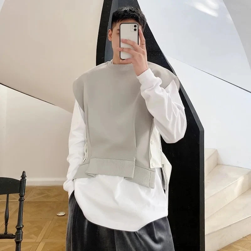 Voguable Pleated Ribbon Patchwork Design Fashion New Sleeveless Vests Original Personality Trendy Men High Street Waistcoat voguable