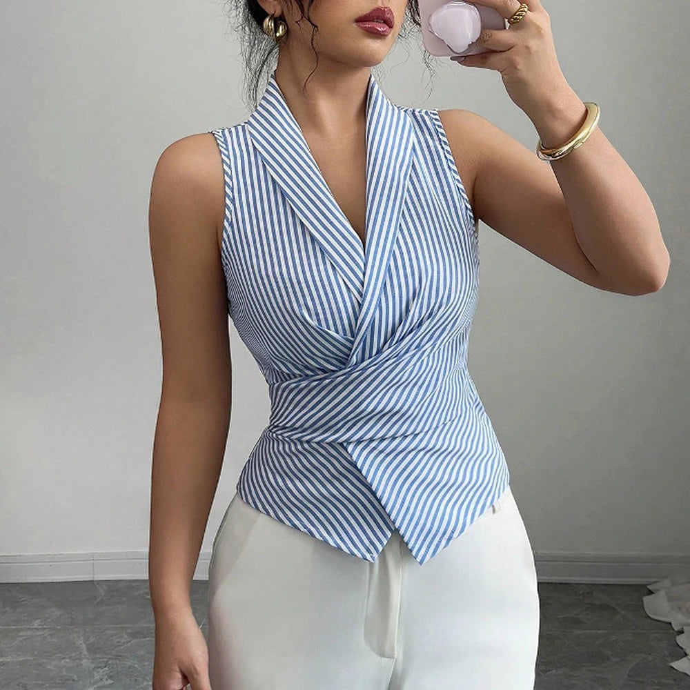 Shirts Spring Summer Fitting Slim Fashion Stripes Nipped Waists Sleeveless Lapel Office Lady Shirts For Women voguable