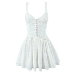 YENKYE 2025 Women Yellow White Lace Up Spaghetti Straps Dress Sexy Sleeveless Low Waist A-line Mini Summer Dresses Party Robe voguable