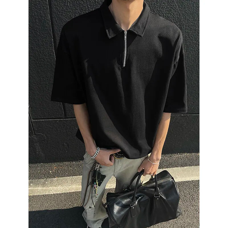 Mens tshirt Loose Fit Half Zip Polo Collar Solid Color Summer T Shirt New Casual Sports Comfortable Daily Basic Top voguable