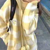 Voguable Striped Knit Hooded Cardigan Women Puppy Embroidery Sweet Preppy Loose Sweater Japanese Cute Lace Up Hairball Patchwork Tops New voguable