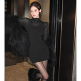 Voguable Turtleneck Black Knitted Mini Dress Women Y2K Sexy Mesh Patchwork Sweater Dresses Winter Streetwear Long Sleeve Bodycon Vestidos voguable
