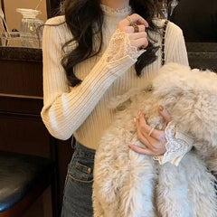 Autumn Winter New Sweaters Women Solid Mock Neck Lace Temperament Fashion Long Sleeve Slim Pullovers Bottoming Shirt Knit Tops voguable