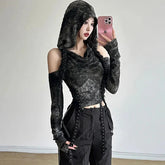 Y2K Hollow Out Hooded Women T Shirt Gothic Streetwear Sexy Off Shoulder Long Sleeve Tops Autumn New Fashion Slim Black Crop Tees voguable