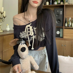 Deeptown Coquette Japanese Y2k Off Shoulder Sweatshirts Women Kpop Vintage Graphic Hoodies Korean Long Sleeve Beige Crop Outfits voguable