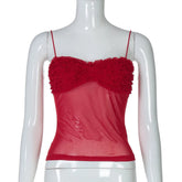 Spaghetti Strap Mesh Pleated Sexy Crop Tops Women Red Strapless Sleeveless Backless Skinny Club Tank Tops Clubwear voguable