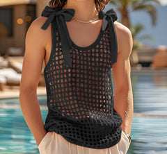 Summer Men Tank Tops Hollow Out See Through Bow Patchwork Sleeveless Male Vests Streetwear Sexy 2025 Fashion Men Clothes voguable
