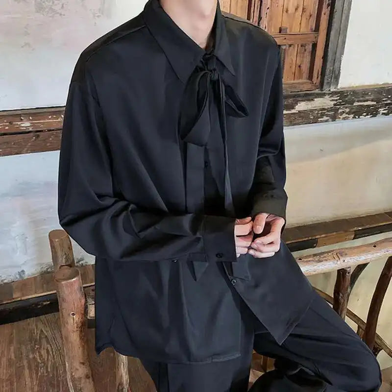 Korean Style Men's Shirts Turn-down Collar Detachable Tie Lace-up Design Single Breasted Casual Solid Color Male Tops 9W180 voguable