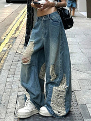 Women Hole Y2K Jeans Streetwear Sexy Low Waist Retro American Denim Pants Loose Pockets Vintage Bf Wide Leg Trousers Fall voguable