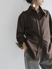 Voguable Coffee Women Shirt Spring New Casual Solid Color Long Sleeve Office Ladies Button Up Shirt Korean Loose OL Workwear voguable