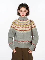 Vintage Harajuku Print Cardigan Sweaters Women Soft Streetwear Long Sleeve Knitted Jacket Retro American Casual Zipper Gray Tops voguable