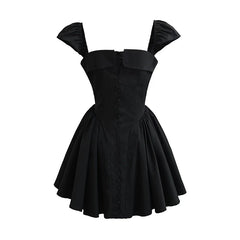 Sexy Women Front Slit Button Chic Fit Slim Black Mini Dresses Cape Short Sleeve Low Waist Elegant Evening Party Dresses