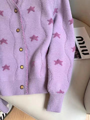 Stars Print Vintage Cardigan Women Casual Cute Long Sleeve Loose Knitted Sweater Korean Retro O Neck Female Purple Tops New voguable