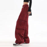 Streetwear Vintage Hip Hop Oversize Red Cargo Pants Women Drawstring Elastic Waist Loose Wide Leg Harajuku Casual Trousers 2023 voguable