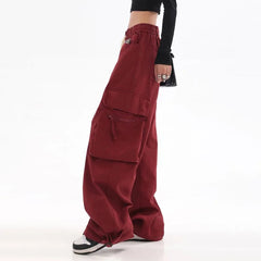 Streetwear Vintage Hip Hop Oversize Red Cargo Pants Women Drawstring Elastic Waist Loose Wide Leg Harajuku Casual Trousers 2023 voguable