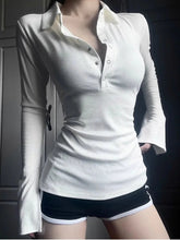 Voguable Women's Long Sleeve Polo V Neck T-shirt Button Bodycon Tops Y2K Style Korean Popular Sexy Crop Tops White Blouse for Spring Fall voguable