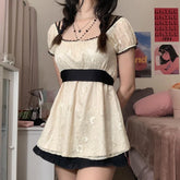 Sweet Girl Kawaii Lace Mini Dress Y2K Fairycore Grunge Patchwork Short Sleeve A-line Dress Women Vintage Holiday Streetwear voguable