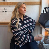 Voguable Striped Contrast Color Knitted Sweaters For Women Polo Collar Loose Casual Basic Autumn Female Jumper Office Street Tops voguable
