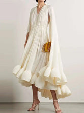 Elegant Big Swing Irregular Ruffles Party Maxi Dresses For Women Cloak Sleeves Spliced Lace Up Pleated Dress 2025 New voguable