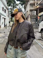 Y2K American Pu Leather Women Jacket Y2K Brown Vintage Long Sleeve Stand Collar Crop Coats Hip Hop Streetwear Zipper Outerwear voguable