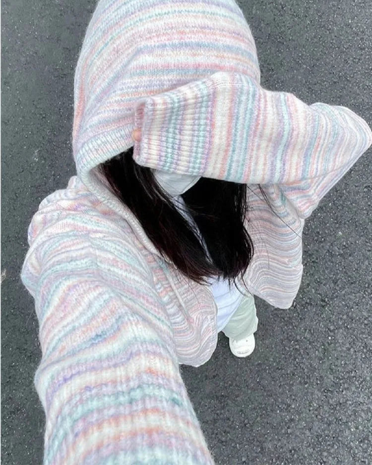 Japanese Y2k Rainbow Striped Kawaii Cardigans Women Autumn All Match Hooded Sweaters Loose Zipper Grunge Knitted Coat Pull Femme voguable