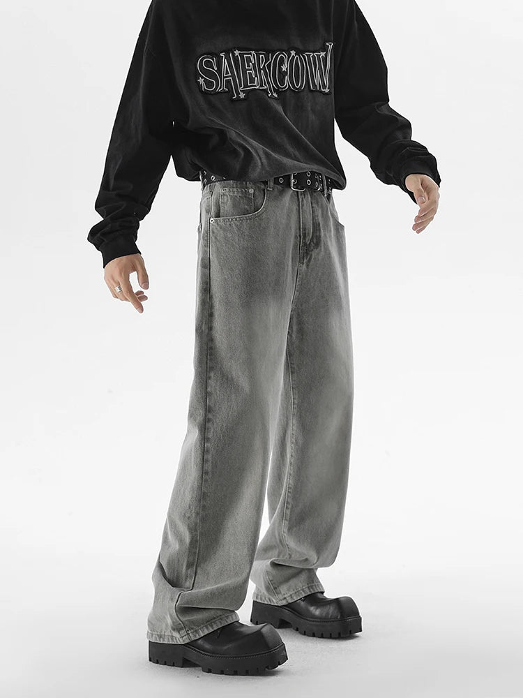 Autumn New Men's Fashion Baggy Jeans Gray Vintage High Street Wide Legs Denim Trousers Male Casual Straight Pants Streetwear voguable