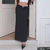 y2k Low Rise Black Long Skirt Cute Bow Patchwork Straight Skirts for Women Streetwear 2000s Ladies Elegant Bottoms Casual voguable