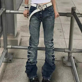 Voguable American Retro Vintage Denim Pants Mid Rise Multi Button Front Ruched Leg Slim Bootcut Y2K Daily Streetwear Bottoms Streetwear voguable