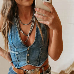 Denim Tank Tops for Women Summer Solid Color V Neck Single Breasted Sleeveless Jeans Vest y2k Waistcoat Streetwear voguable